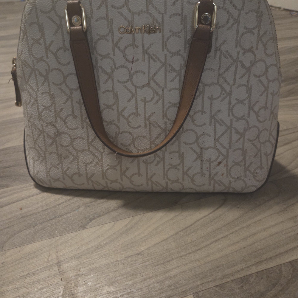 Calvin Klein Cream Logo Satchel with Brown Handles
